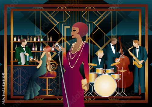 Jazz musicians and singer in a restaurant, cafe or bar. Double bass, saxophone, drum. Musicians play musical instruments