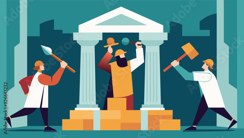 The sound of hammers and chisels can be heard from inside as workers carefully restore the ancient altar.. Vector illustration