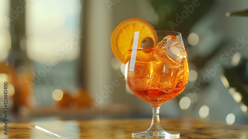 A refreshing Aperol Spritz  with its signature orange hue  served over ice and garnished with a slice of orange and an olive.