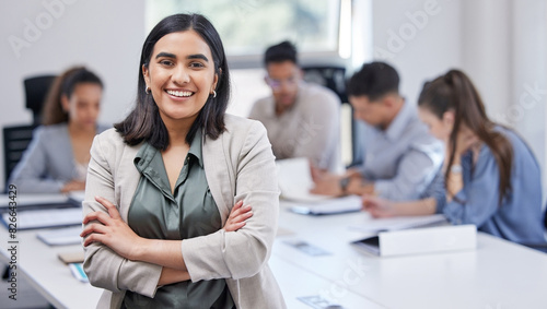 Meeting, portrait and woman with business people in office for teamwork, collaboration and planning. Entrepreneur, training and employee at startup company for learning, opportunity or career growth photo
