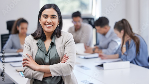 Fotografie Meeting, portrait and woman with business people in office for teamwork, collaboration and planning