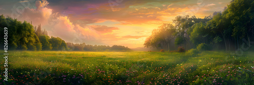 Breathtaking Sunset Meadow: Tranquil Scene of Lush Greenery and Vibrant Wildflowers Under a Colorful Sky