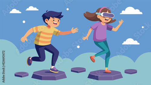 Two siblings happily hop and jump on virtual stepping stones competing to see who can move the fastest in a VR platformer game.. Vector illustration