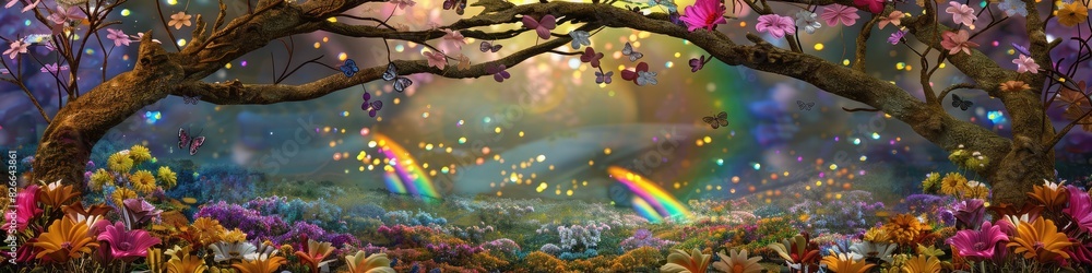 Naklejka premium Mystical grove panorama with illuminated branches casting colorful shadows.