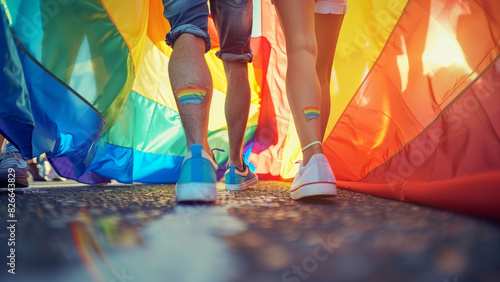 LGBTQ+ Pride Parade Walkers with Rainbow Flag and Tattoos Celebrating Diversity and Unity