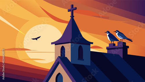Birds perched on the cross atop the church steeple singing along with the first rays of sunlight.. Vector illustration