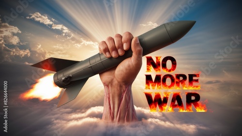 Social advertising about the cessation of hostilities. A muscular arm emerging from the clouds catches a rocket. The bold text, blazing with fire, reads: 