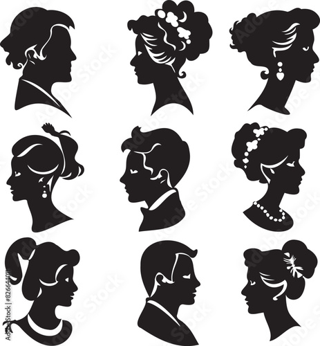 Black silhouette set of cameo man and woman on white background	
