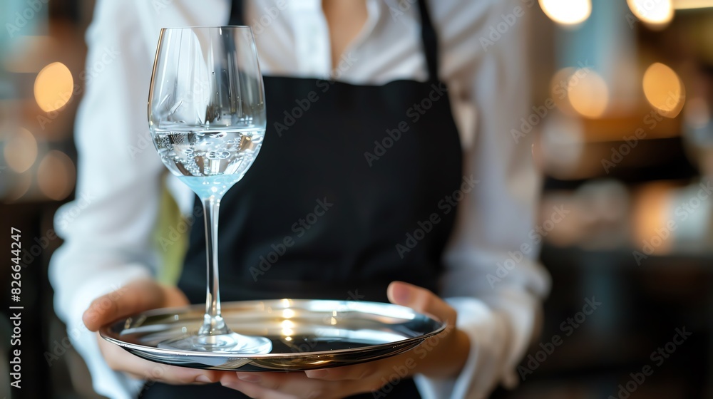 Close-up of a waiter holding a tray with a glass of water in a restaurant setting, defocused background with warm lighting. Close-up of a waiter holding a tray with a glass of water in a restaurant setting, defocused background with warm lighting.