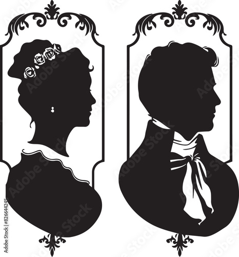 Black silhouette set of cameo man and woman on white background	

