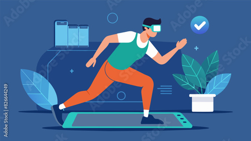 A solo fitness enthusiast follows a virtual trainer who guides them through a series of bodyweight exercises using AR technology.. Vector illustration