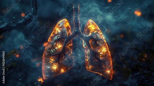 Surreal artistic interpretation of human lungs with patches of neon orange representing a virus photo
