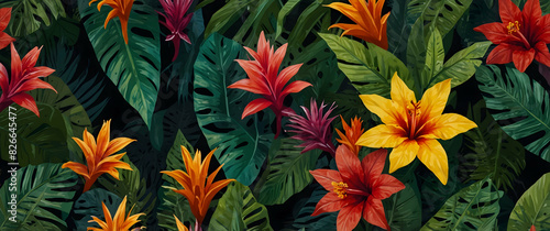 a lively background pattern with tropical leaves and exotic flowers, evoking the feel of a lush, vibrant paradise © Zohaib zahid 