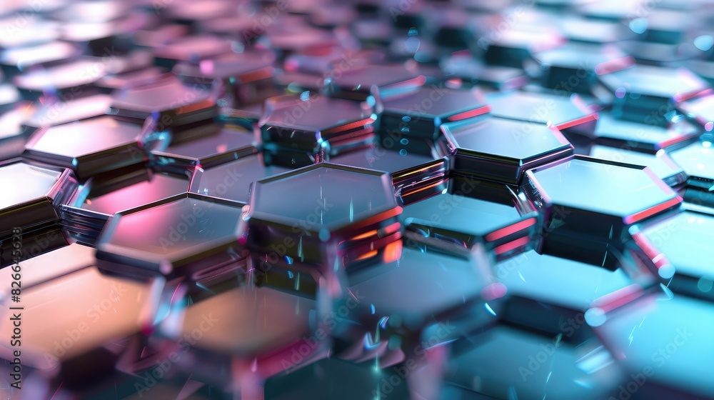 Fototapeta premium Reflective and transparent hexagonal layers offer depth and a spectrum of reflected colors.