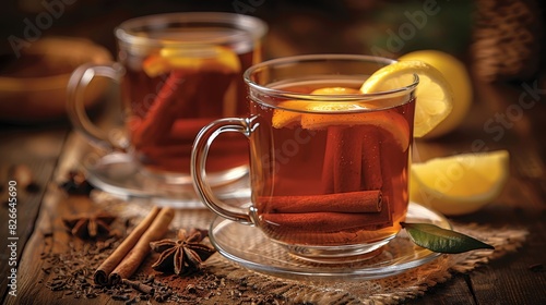 Photo of two glasses of spiced tea with lemon slices and cinnamon sticks on a wooden tray. The image has a warm, cozy atmosphere with soft, natural lighting.