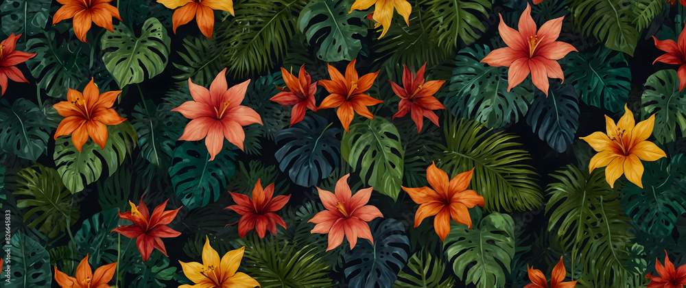 a lively background pattern with tropical leaves and exotic flowers, evoking the feel of a lush, vibrant paradise a lively background pattern with tropical leaves and exotic flowers, evoking the feel of a lush, vibrant paradise