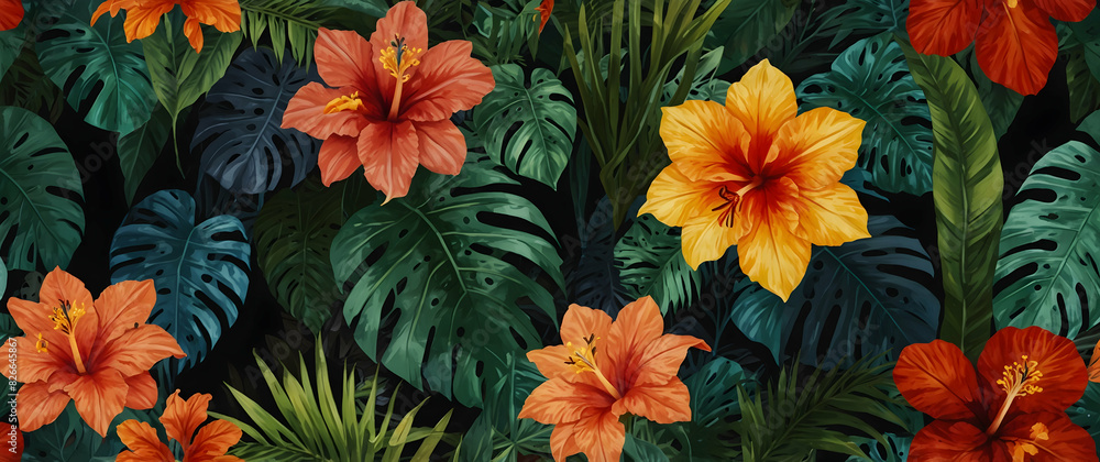 a lively background pattern with tropical leaves and exotic flowers, evoking the feel of a lush, vibrant paradise a lively background pattern with tropical leaves and exotic flowers, evoking the feel of a lush, vibrant paradise