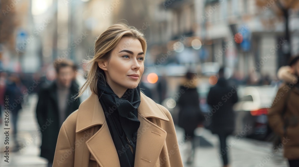 Photo of a young Caucasian woman in a camel coat and black scarf, confidently walking in a bustling city street with a blurred crowd and buildings.