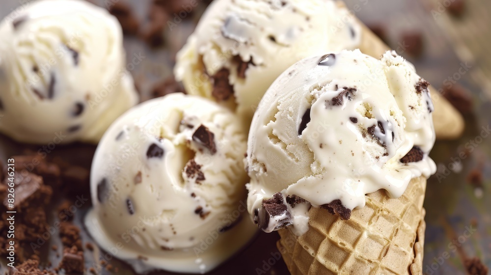 Close-up photo of chocolate chip ice cream scoops in waffle cones. The image captures the creamy and indulgent nature of the ice cream, highlighting the delicious chocolate chunks and texture. Close-up photo of chocolate chip ice cream scoops in waffle cones. The image captures the creamy and indulgent nature of the ice cream, highlighting the delicious chocolate chunks and texture.