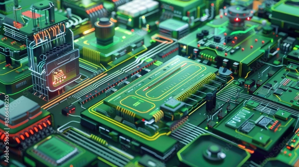 A complex, futuristic circuit board with glowing red and green components. The intricate design resembles a city with tall buildings and busy streets. A complex, futuristic circuit board with glowing red and green components. The intricate design resembles a city with tall buildings and busy streets.