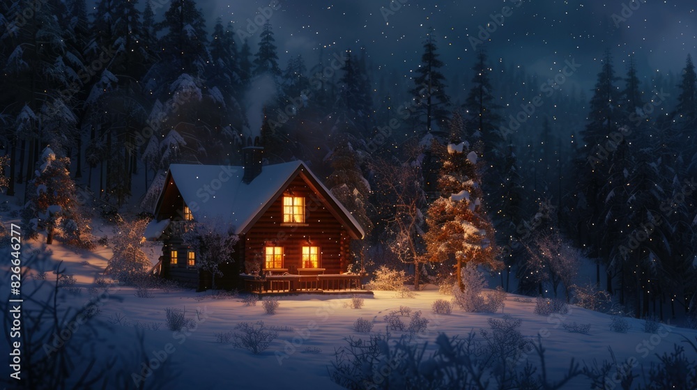 A cozy cabin glows with warm light amidst a snowy forest, illuminated by falling snow. A cozy cabin glows with warm light amidst a snowy forest, illuminated by falling snow.