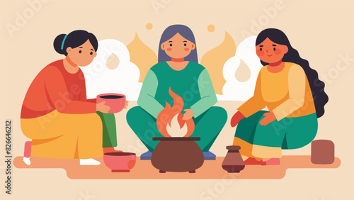 Three generations of women sitting around a clay cookstove sharing stories while preparing a traditional meal for the family.. Vector illustration