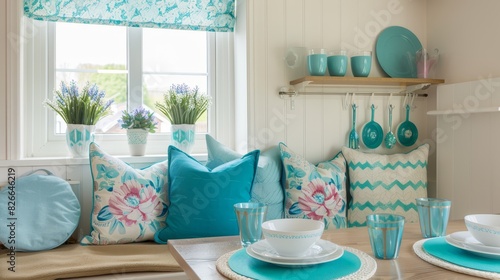 Photo of a cozy breakfast nook with floral pillows, turquoise accents, and natural light streaming through the window.