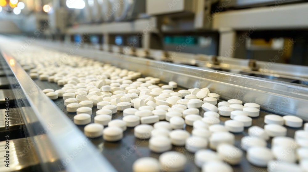 Fototapeta premium A conveyor belt moving lots of white pills in a factory setting.