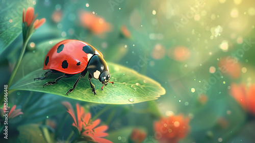 watercolor art on green abstract space for text Ladybird on green leaf of currant in summer Henosepilachna vigintioctopunctata species of horn beetle or called red lady bug resting on a leaf 