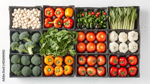 12 boxes of fresh vegetables arranged in a grid on white background  view from above 