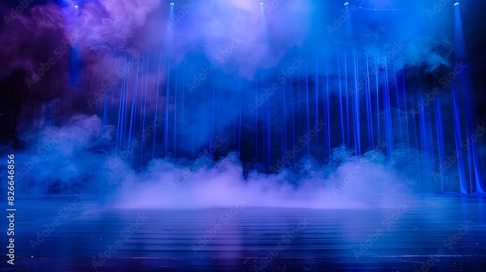 Obraz premium An empty stage, blue and purple lighting, light smoke.