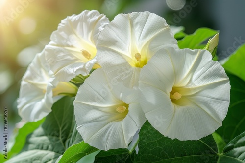 A white flower with green leaves in the sun. photo