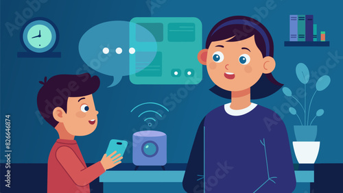 A young boy intently listening to a presenter fascinated by the capabilities of a smart home device.. Vector illustration