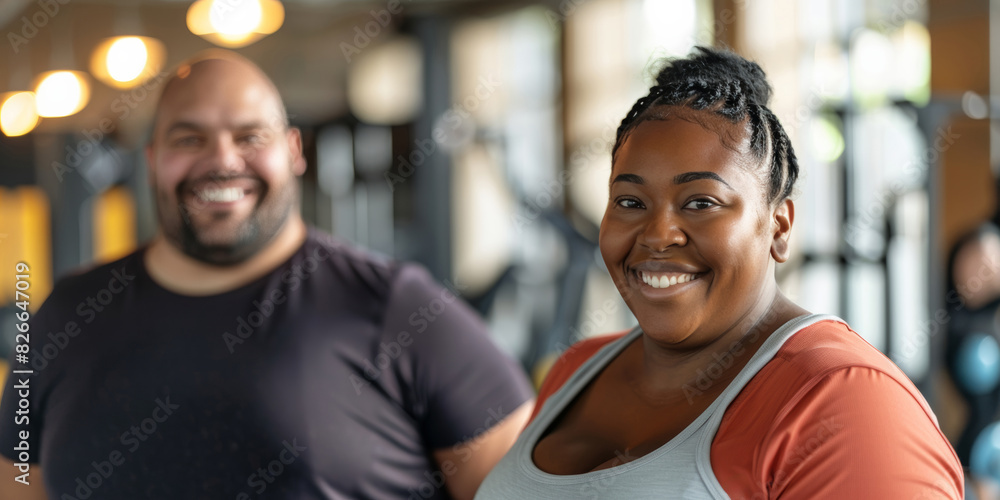 plus size smiling mixed race couple in a gym. chubby diverse man and woman in fitness club, looking at camera wearing sports clothes plus size smiling mixed race couple in a gym. chubby diverse man and woman in fitness club, looking at camera wearing sports clothes