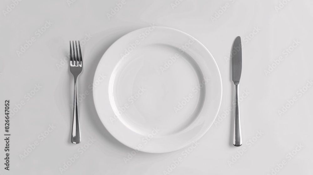 Empty plate, fork, knife, clipping path, cutlery isolated on white background Empty plate, fork, knife, clipping path, cutlery isolated on white background