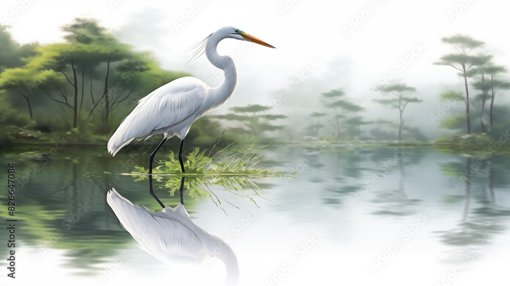 Naklejka premium Double Exposure, White Background, Egret (casmerodius albus) illustration ~ Created using Generative AI