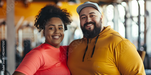 plus size smiling mixed race couple in a gym. chubby diverse man and woman in fitness club, looking at camera wearing sports clothes © igorfrost