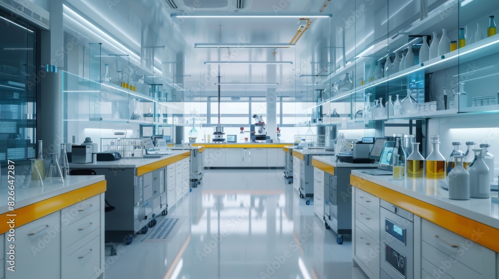 A brightly lit biotechnology laboratory with advanced equipment, workstations, and chemical storage visible, showcasing a pristine and organized environment. A brightly lit biotechnology laboratory with advanced equipment, workstations, and chemical storage visible, showcasing a pristine and organized environment.