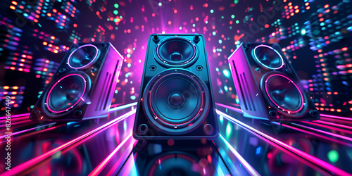 A dj booth with a neon light that says dj on it, Futuristic music background with neon lights and speakers Abstract illustration Music concept.