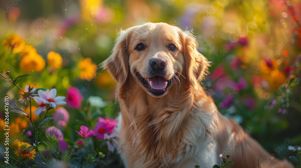 Golden retriever dog in a field of flowers.