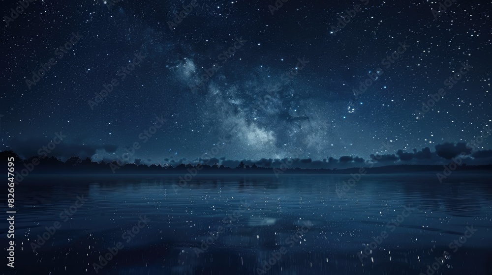 Fototapeta premium A serene night sky with a stunning view of the Milky Way reflected in a calm lake.