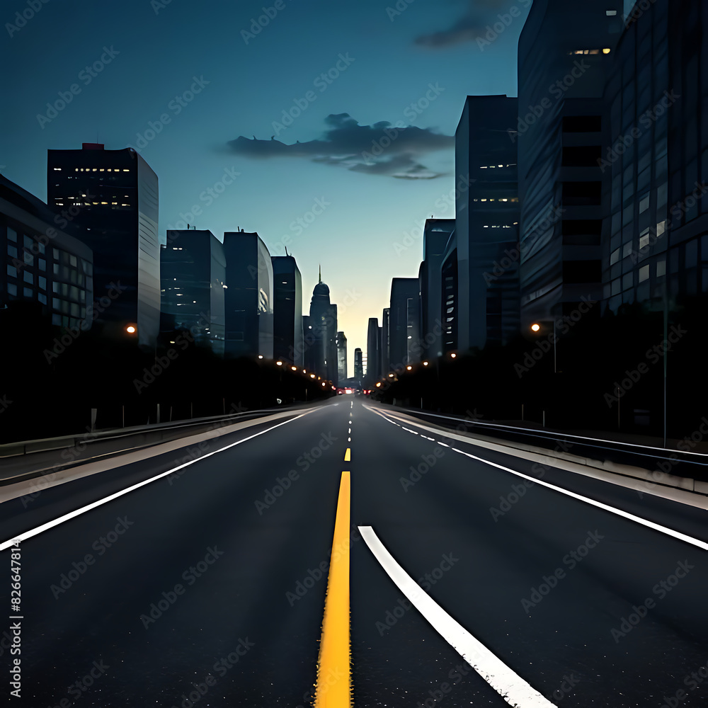 asphalt highway road and city skyline background