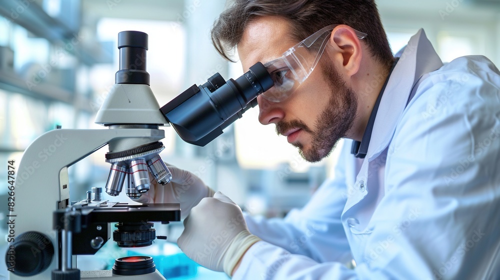 Scientist Examining Samples in Modern Laboratory. Description: Scientists in a modern laboratory examining samples under microscopes, surrounded by laboratory equipment and glassware. Scientist Examining Samples in Modern Laboratory. Description: Scientists in a modern laboratory examining samples under microscopes, surrounded by laboratory equipment and glassware.