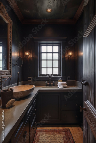 a chic Thai farmhouse small bathroom powder room  dark colors  earthy accent colors and textures