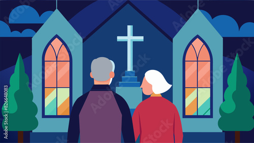 An older couple standing in front of a church building looking at the stained glass windows as they reminisce about their ancestors who were married. Vector illustration photo