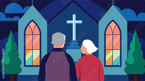 An older couple standing in front of a church building looking at the stained glass windows as they reminisce about their ancestors who were married. Vector illustration