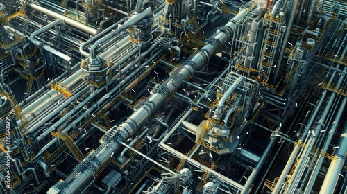 Abstract industrial complex with intricate network of pipes and machinery. Futuristic and abstract, ideal for science fiction and technology concepts.