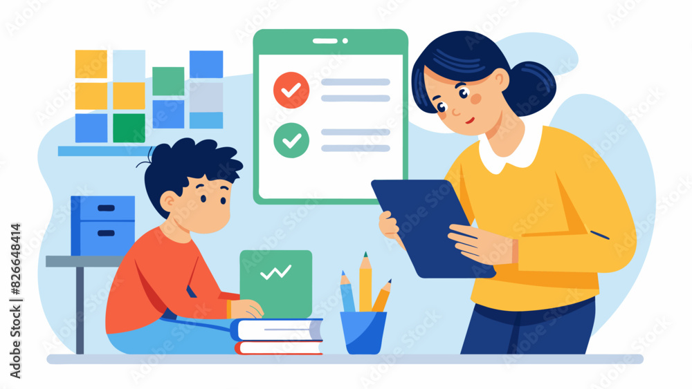 A parent is tracking their childs progress on a homework help app with detailed reports and suggestions for improvement.. Vector illustration A parent is tracking their childs progress on a homework help app with detailed reports and suggestions for improvement.. Vector illustration