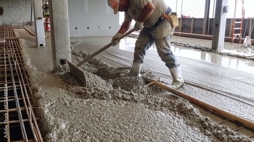 A worker adjusting the speed and intensity of the concrete depending on the consistency of the concrete being poured. photo