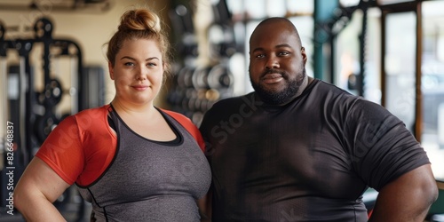 plus size smiling mixed race couple in a gym. chubby diverse man and woman in fitness club, looking at camera wearing sports clothes © igorfrost